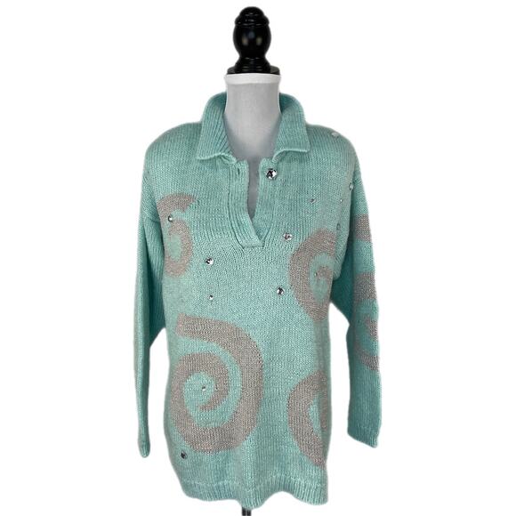Vintage Mint Green Silver Swirls Bejeweled Collared Granny Sweater - Women's M - Picture 1 of 5